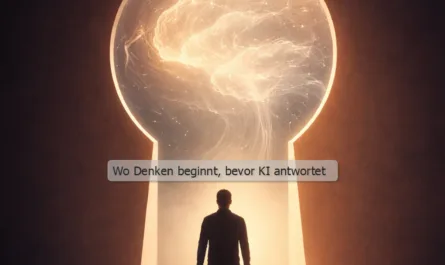 Symbolisches Hochformat-Bild in warmen, dunklen Farbtönen. In der unteren Bildhälfte steht die Silhouette einer einzelnen Person von hinten, mittig ausgerichtet, auf einem glatten Boden. Die Person geht auf eine große, schlüssellochförmige Öffnung zu, aus der helles, warmes Licht strömt. Innerhalb der Öffnung schwebt eine abstrakte, leuchtende Form, die an organische Denk- oder Energieflüsse erinnert, fein vernetzt und weich bewegt. Die Umgebung außerhalb der Öffnung ist dunkel und ruhig, wodurch der Lichtkontrast verstärkt wird. Oben im Bild steht der Titel „Selbstführung im KI-Zeitalter“. In der Mitte befindet sich eine dezente Unterzeile mit dem Text „Wo Denken beginnt, bevor KI antwortet“. Das Bild vermittelt Übergang, Orientierung und bewusste Bewegung von Dunkelheit zu Klarheit.