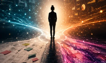 Symbolisches Hochformatbild zum Thema interdisziplinäre Talente. Im Zentrum steht die dunkle Silhouette einer Person vor einem hellen Lichtknoten, an dem mehrere visuelle Welten zusammenlaufen. Links dominieren kühle Blautöne mit Codezeilen, digitalen Oberflächen, Netzwerken und UX-Skizzen. Rechts erscheinen warme Orange- und Pinktöne mit Diagrammen, Datenanalysen und grafischen Strukturen. Am Boden verbinden sich Wireframes, Notizen, Lichtspuren und abstrakte Farbflächen zu einem gemeinsamen Weg. Oben steht in orangefarbener Schrift: „Wenn Profile nicht ins Raster passen“. Rechts oben befindet sich das Stephan-A.-Davis-Logo, rechts unten ein farbiges, triquetraähnliches Symbol. Das Motiv steht für Verbindungskompetenz, Vielseitigkeit und Menschen, deren Stärke an den Schnittstellen verschiedener Disziplinen sichtbar wird.