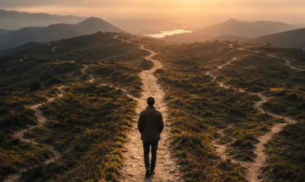 Symbolisches Hochformatbild einer weiten Berglandschaft im warmen Licht eines Sonnenauf- oder -untergangs. Im Zentrum geht eine einzelne Person, von hinten zu sehen, auf einem steinigen Hauptweg in Richtung Horizont. Rundherum verlaufen zahlreiche schmale, geschwungene Pfade über die Hügel und verdeutlichen unterschiedliche Lebenswege, Entscheidungen und Möglichkeiten. Der helle Weg führt optisch zum Licht über den fernen Bergen und einem kleinen See im Tal. Im oberen Bildbereich steht in orangefarbener Schrift mit dunkler Kontur die Headline „Finde Deinen Weg“. Oben rechts befindet sich das Logo „Stephan A. Davis – manage it together“, unten rechts ein dreifarbiges, ineinandergreifendes Symbol in Blau, Grau und Orange. Die ruhige, hoffnungsvolle Bildstimmung steht für Orientierung, Selbstreflexion und die Suche nach dem eigenen roten Faden.