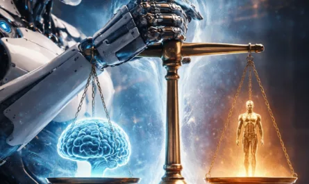 Illustration einer futuristischen Szene zum Thema künstliche Intelligenz und Verantwortung. Links ist ein humanoider Roboter mit leuchtenden blauen Augen zu sehen, der konzentriert eine goldene Waage hält. Auf der linken Waagschale liegt ein leuchtendes, blau dargestelltes Gehirn als Symbol für künstliche Intelligenz und algorithmische Entscheidungen. Auf der rechten Waagschale steht eine goldene menschliche Figur, die den Menschen und seine Verantwortung repräsentiert. Die Waage wird von einer menschlichen Hand gehalten, was die Rolle des Menschen als letztliche Entscheidungsinstanz symbolisiert. Im Hintergrund sind digitale Strukturen und Lichtpartikel sichtbar, die eine technologische und vernetzte Welt darstellen. Über dem Bild steht der Titel „KI entscheidet“, darunter die Frage „Doch wer haftet?“, die die zentrale Diskussion über Verantwortung und Haftung bei KI-gestützten Entscheidungen aufgreift.